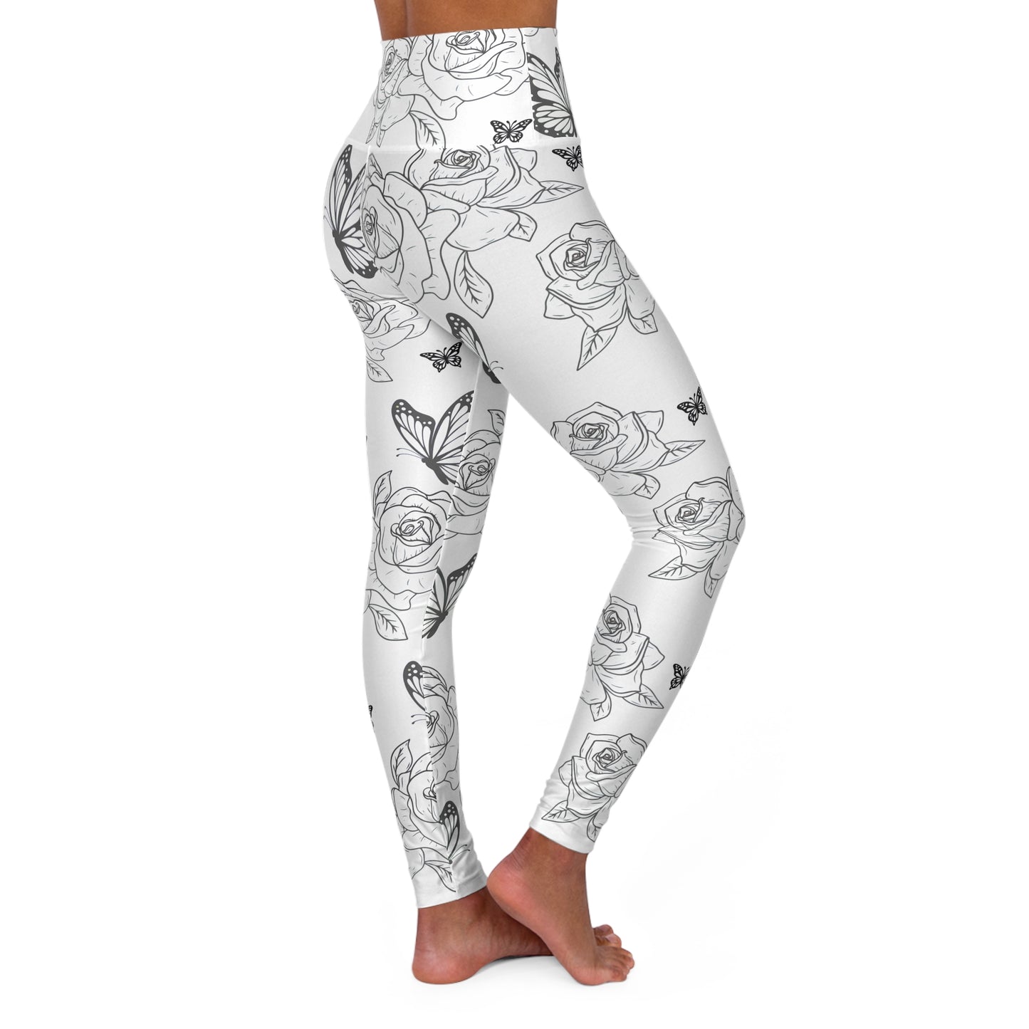 Floral Sketch High-Waist Yoga Leggings — Black & White Rose and Butterfly Print©