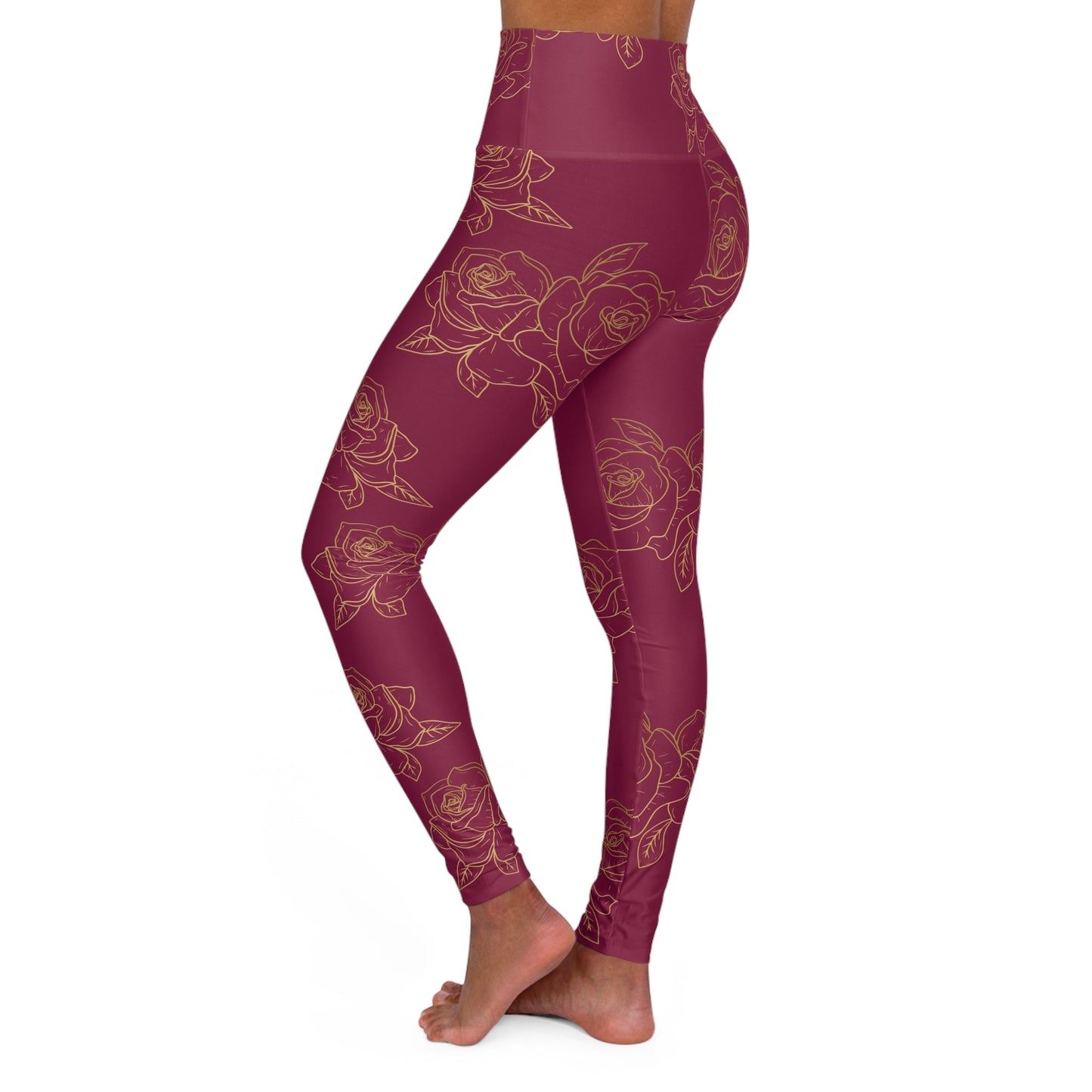 High-Waist Maroon Rose Yoga Leggings — Floral AOP Activewear©