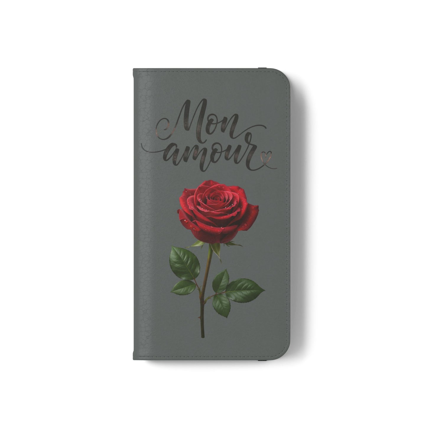 Mon Amour Rose Flip Phone Case — Floral Wallet Flip Case with 'Mon amour' Script
