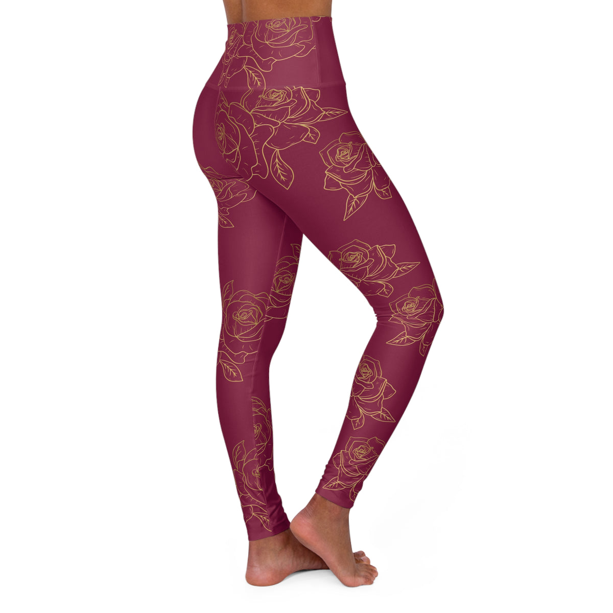 High-Waist Maroon Rose Yoga Leggings — Floral AOP Activewear©