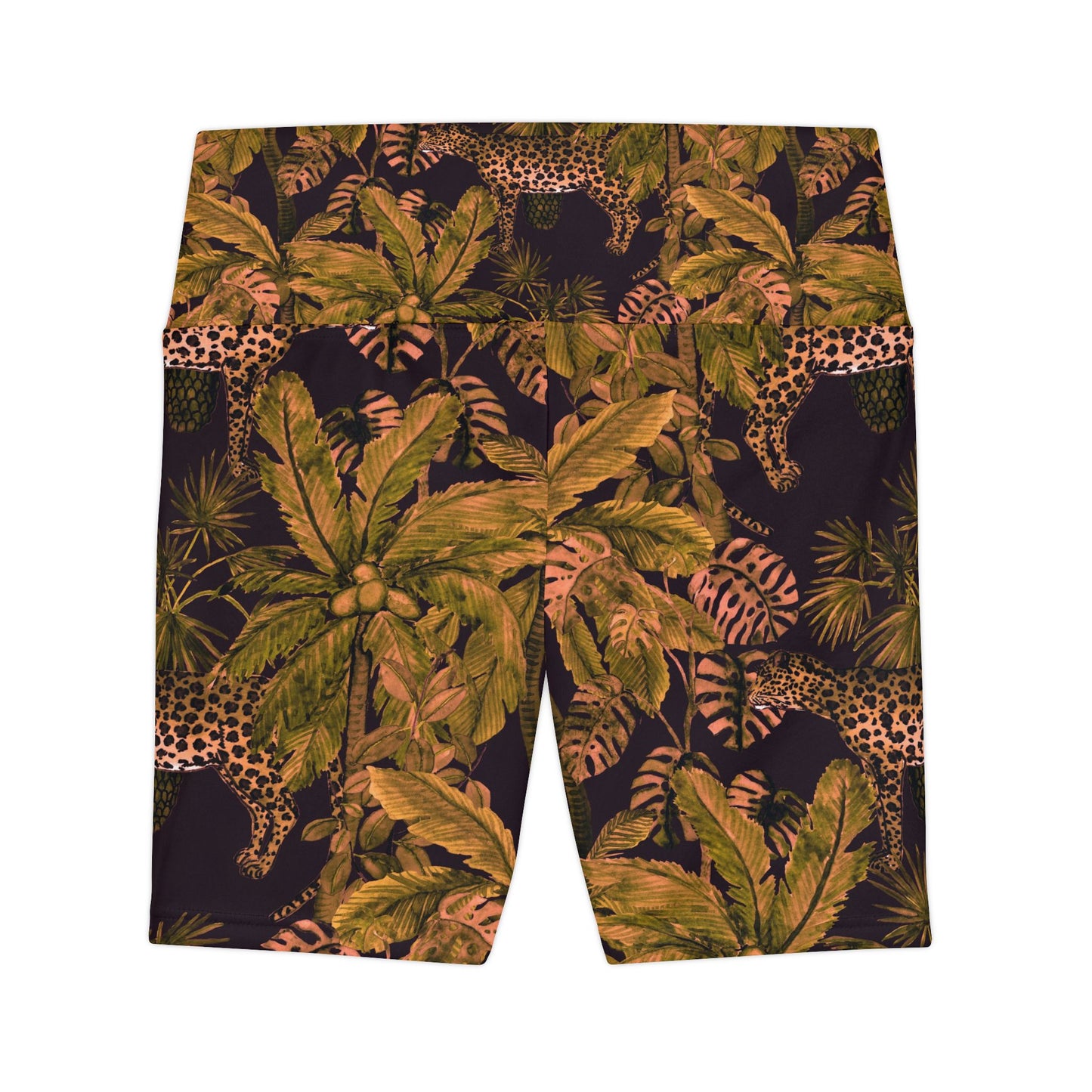 Tropical Leopard Palm Workout Shorts — Women's High-Rise Activewear©
