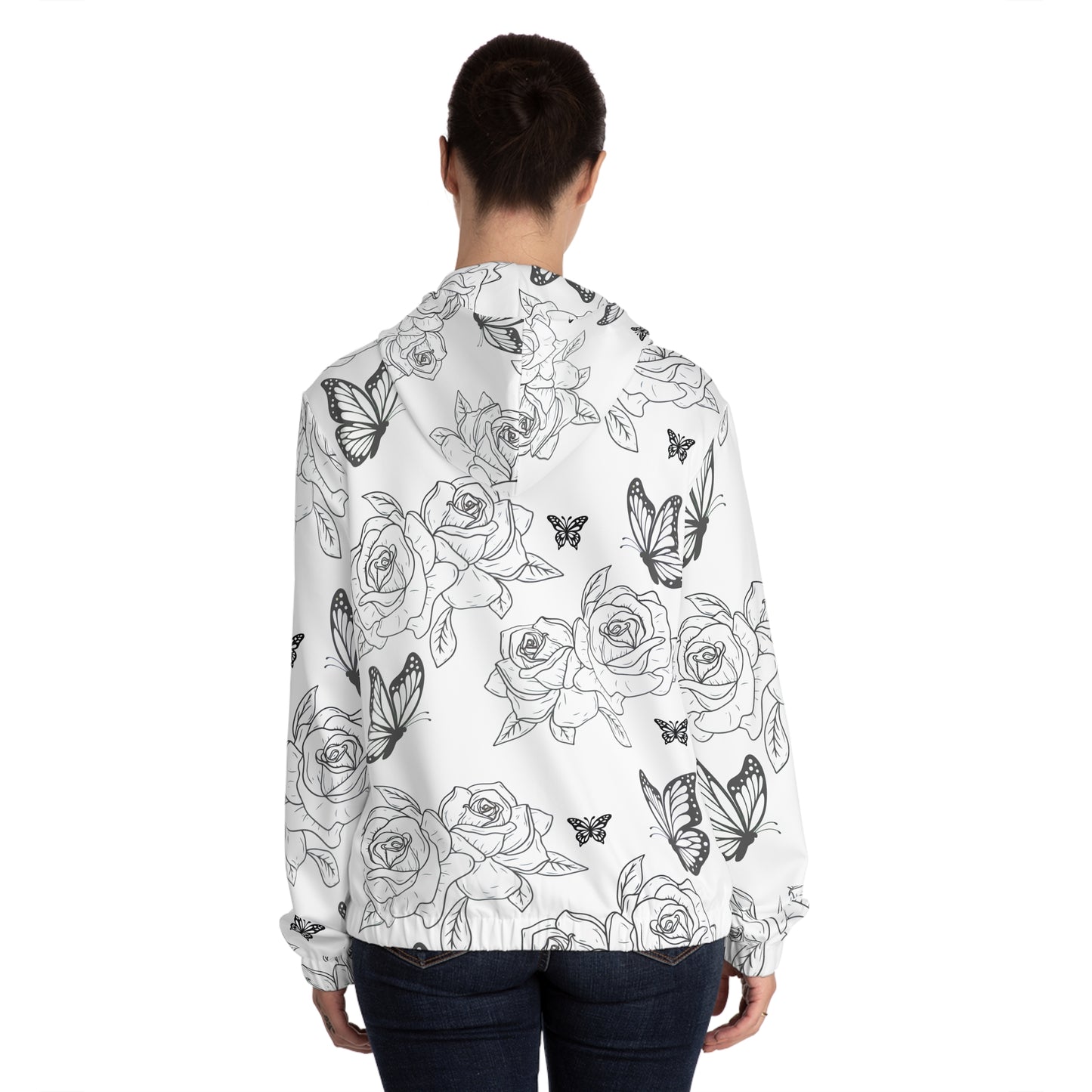 Butterfly Rose Zip-Up Hoodie — Black & White Floral All-Over Print©