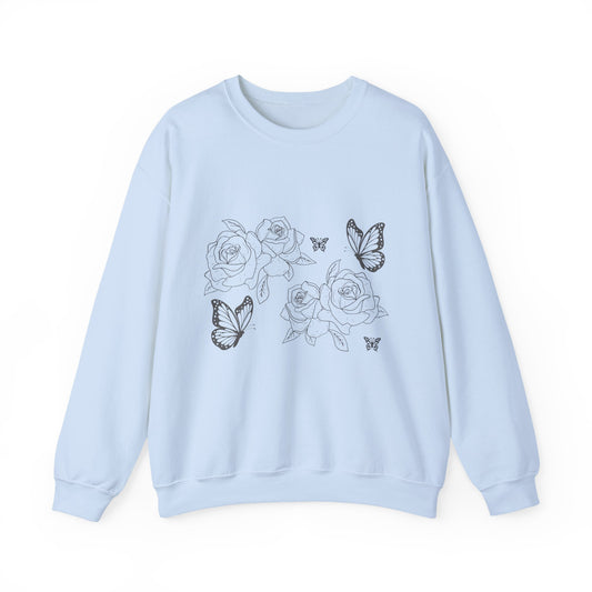 Floral Roses & Butterflies Crewneck Sweatshirt — Delicate Line Art Floral Pullover©