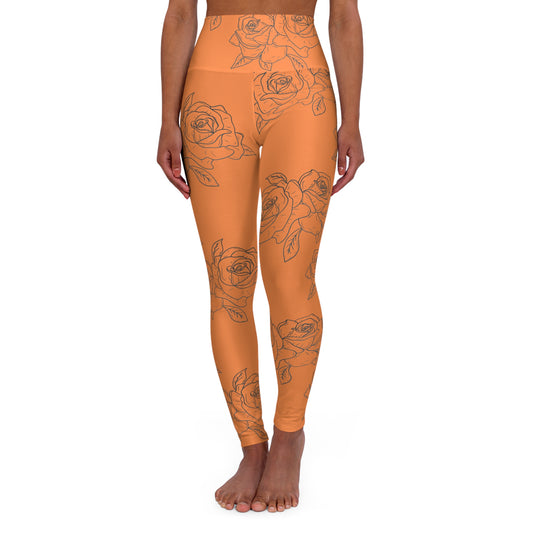 Floral Rose High-Waist Yoga Leggings — Orange All-Over Print©