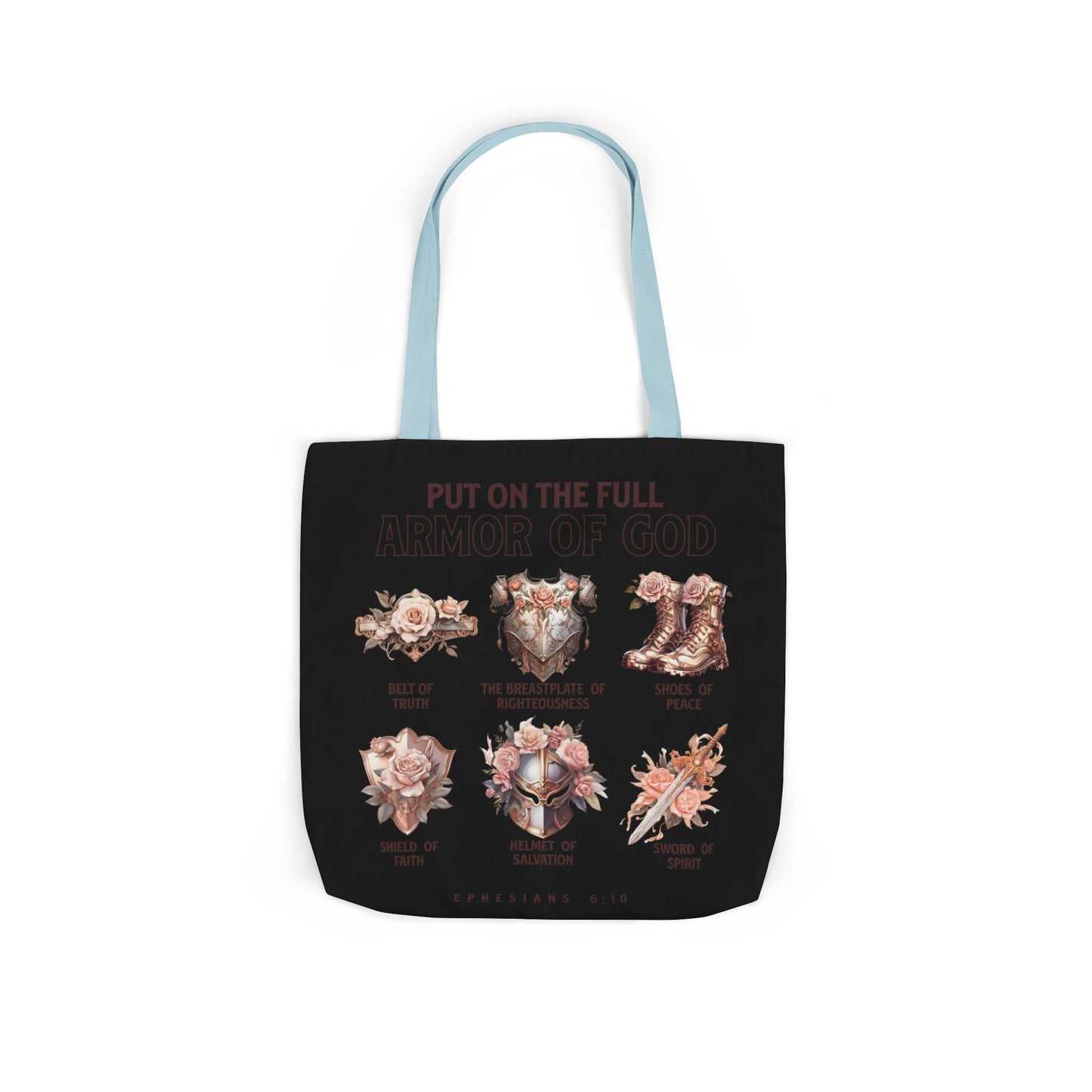 Floral Icons Canvas Tote — "Put On The Full Armour of God" with psalm 91 prayer on the Back.