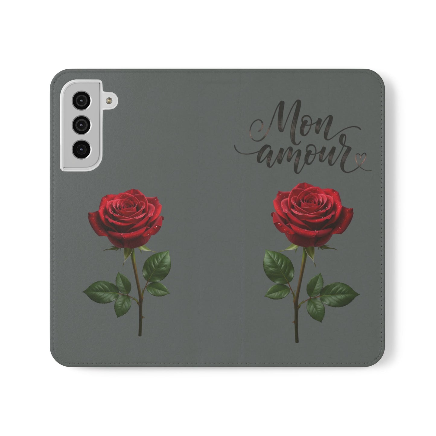 Mon Amour Rose Flip Phone Case — Floral Wallet Flip Case with 'Mon amour' Script