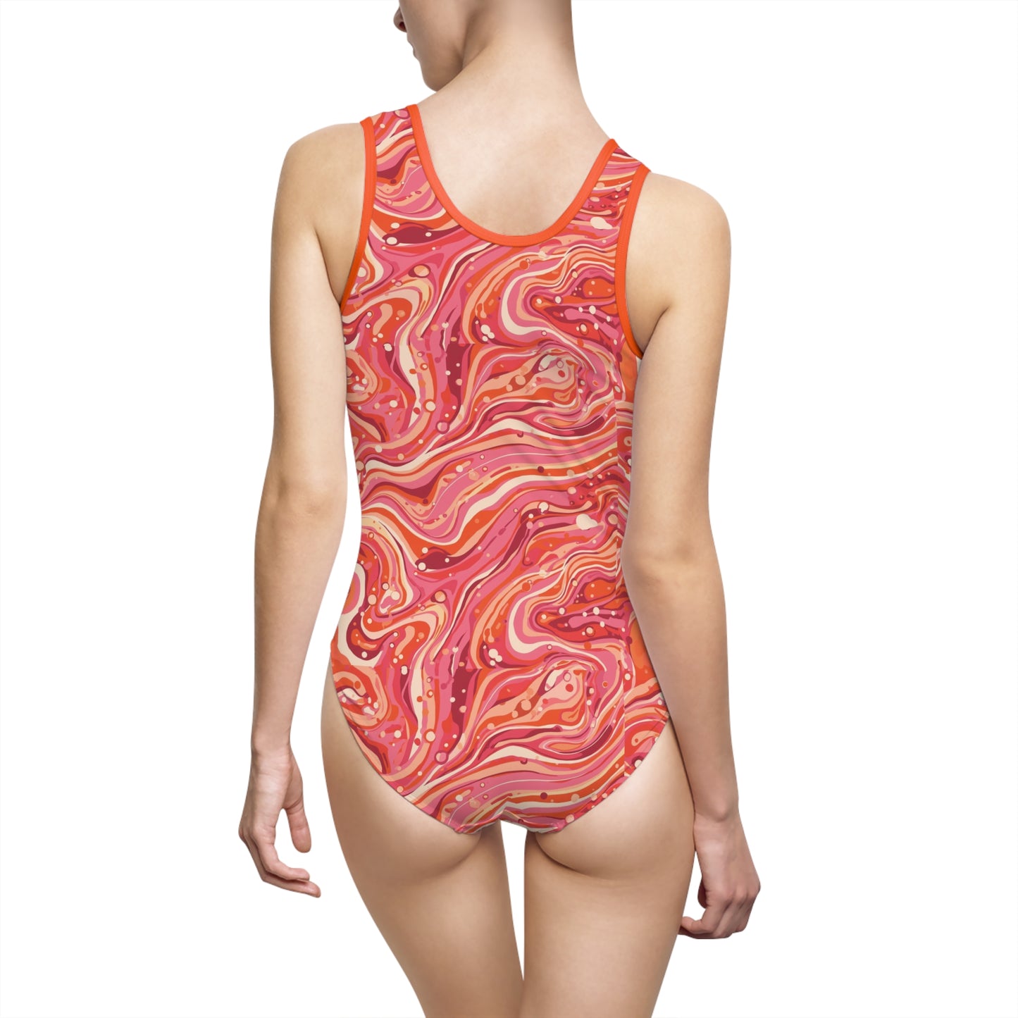 Retro Pink Marble One-Piece Swimsuit — Women's Stylish Swimwear©