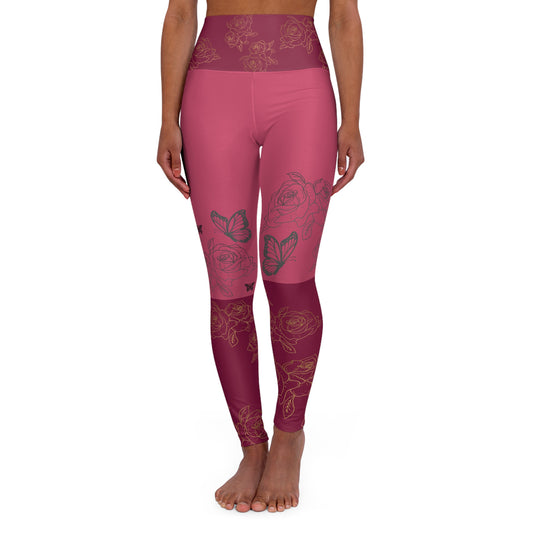 High-Waist Rose Gold Floral Yoga Leggings©