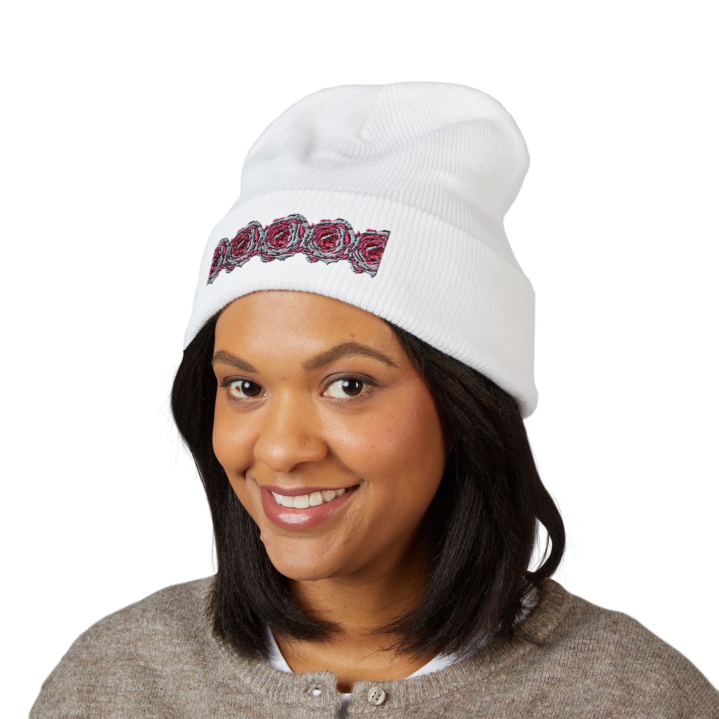 Embroidered Pink Rose Row Cuffed Beanie — Classic Floral Knit Hat©