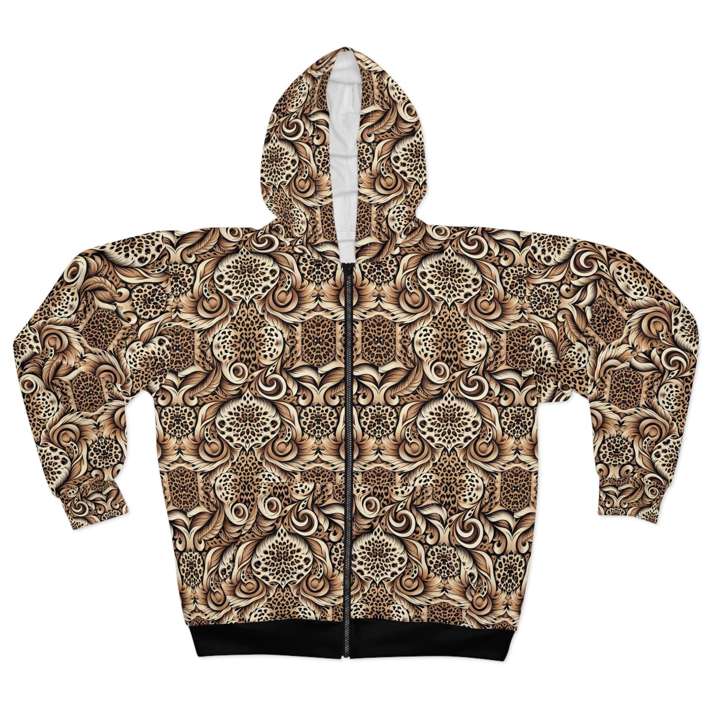 All-Over Print Zip Hoodie — Vintage Brown Ornamental Pattern©