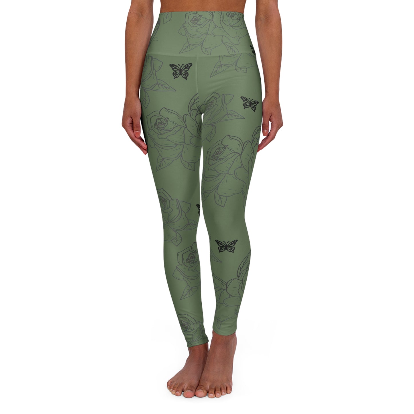 High-Waist Olive Rose & Butterfly Yoga Leggings©
