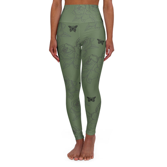 High-Waist Olive Rose & Butterfly Yoga Leggings©