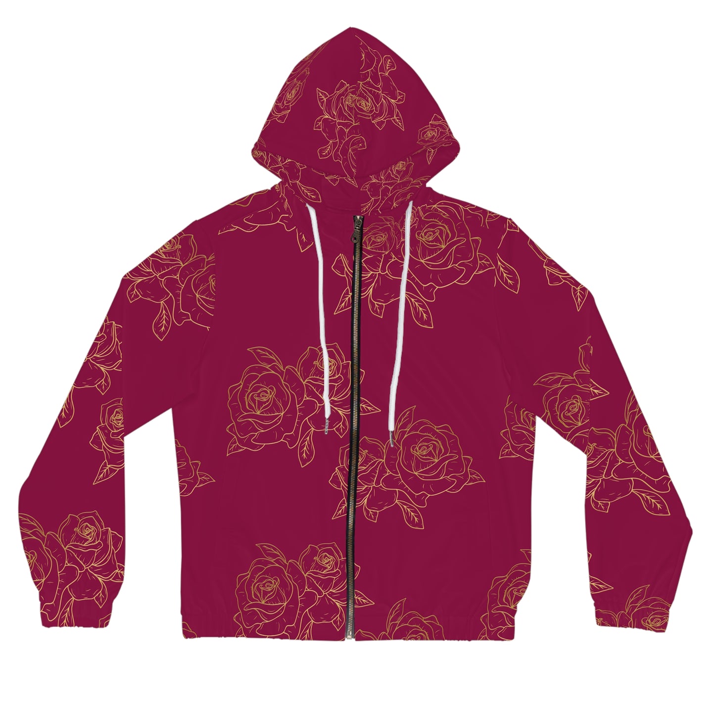 Women’s Rose Zip Hoodie – Burgundy Floral All-Over Print©