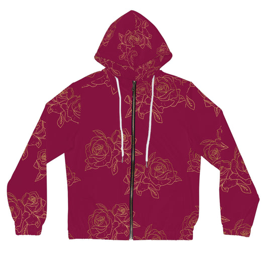 Women’s Rose Zip Hoodie – Burgundy Floral All-Over Print©