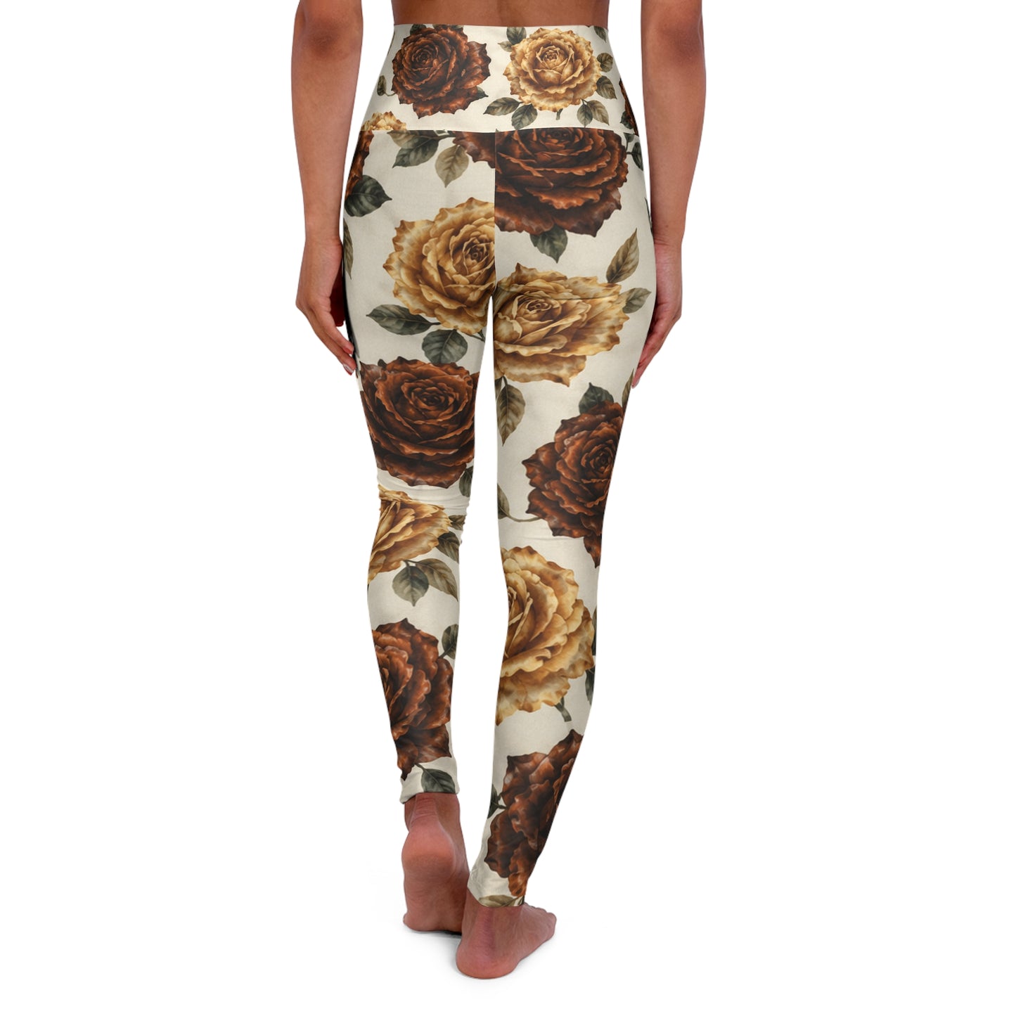 High-Waist Floral Yoga Leggings — Vintage Brown Rose Print©
