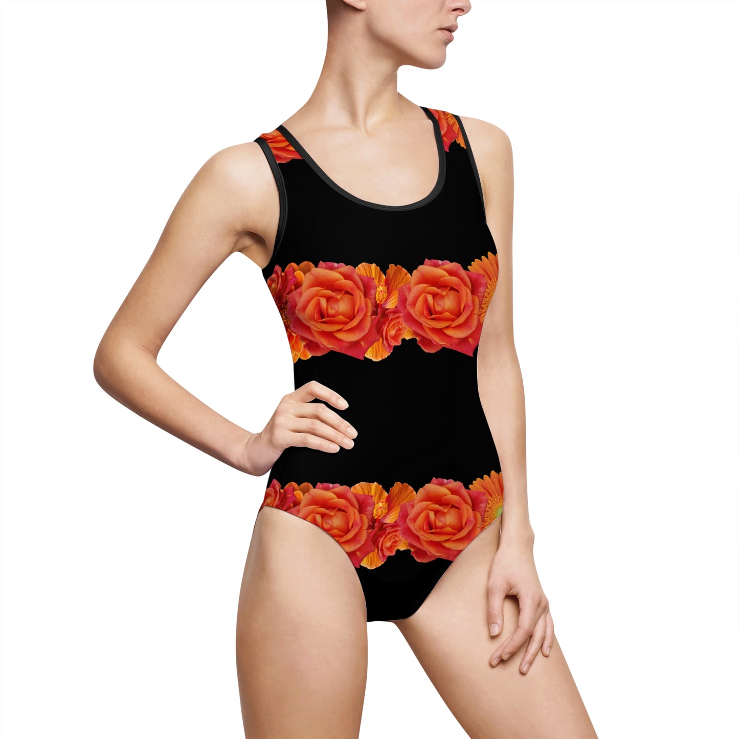 Women's One-Piece Swimsuit — Black with Orange Rose Stripes©