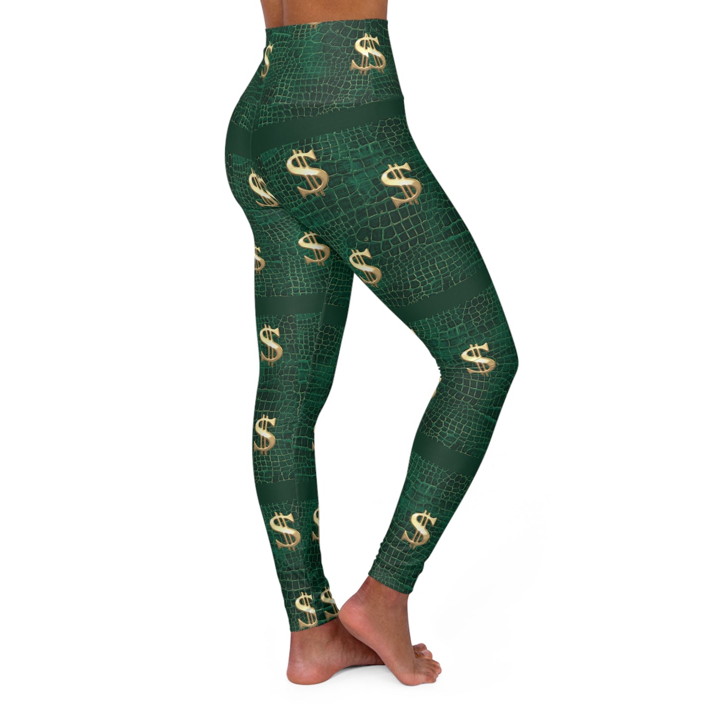 Money Sign High-Waisted Yoga Leggings — Green Dollar Print Activewear©