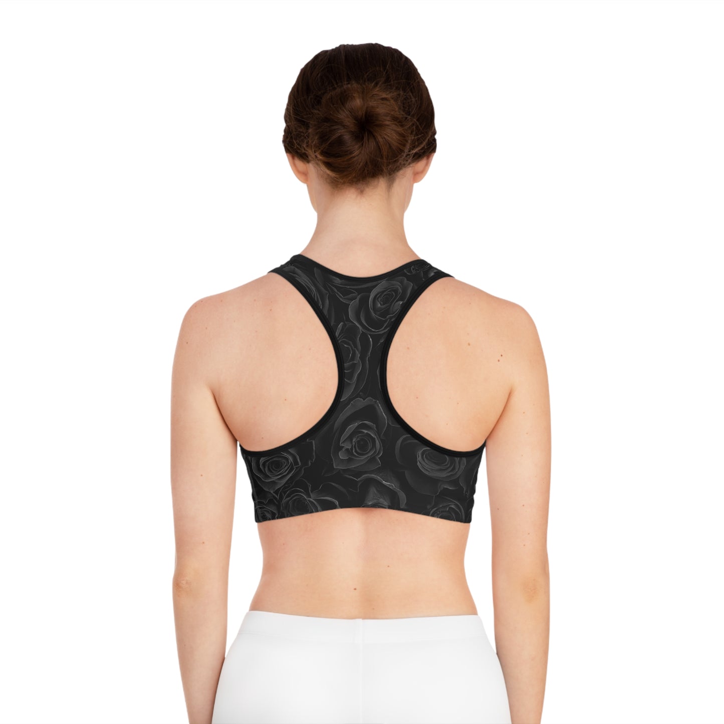 Black Rose Sports Bra — Floral All-Over-Print Racerback