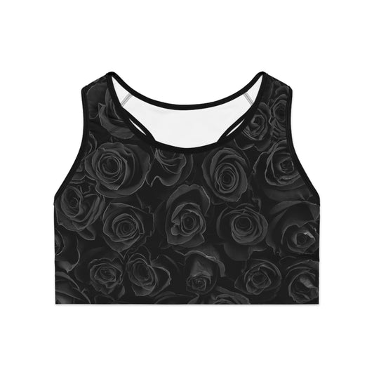 Black Rose Sports Bra — Floral All-Over-Print Racerback