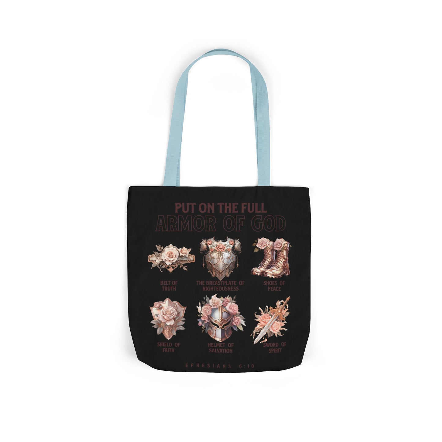 Floral Icons Canvas Tote — "Put On The Full Armour of God" with psalm 91 prayer on the Back.