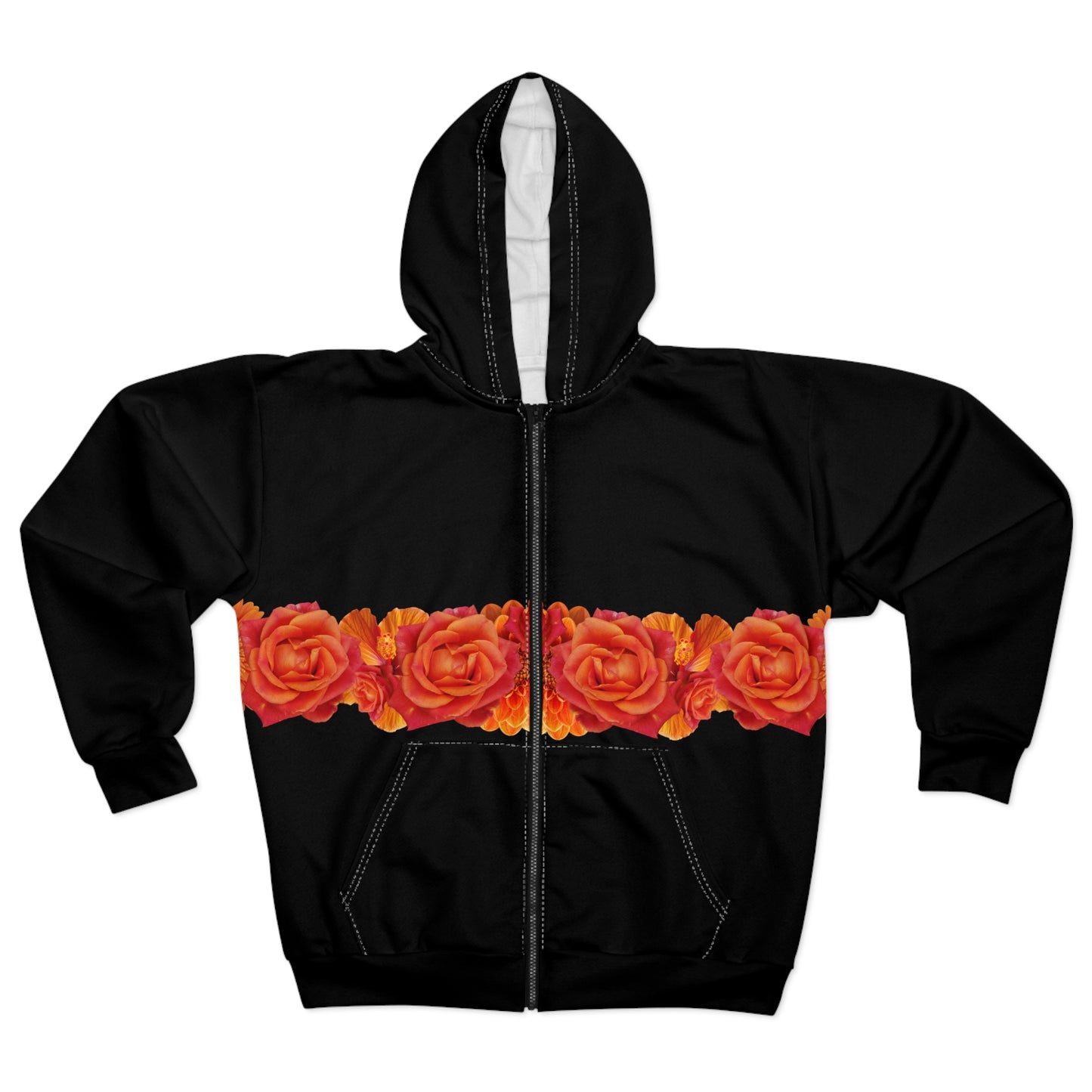 Black Zip Hoodie with Orange Rose Floral Stripe – Floral Zip-Up Hoodie©