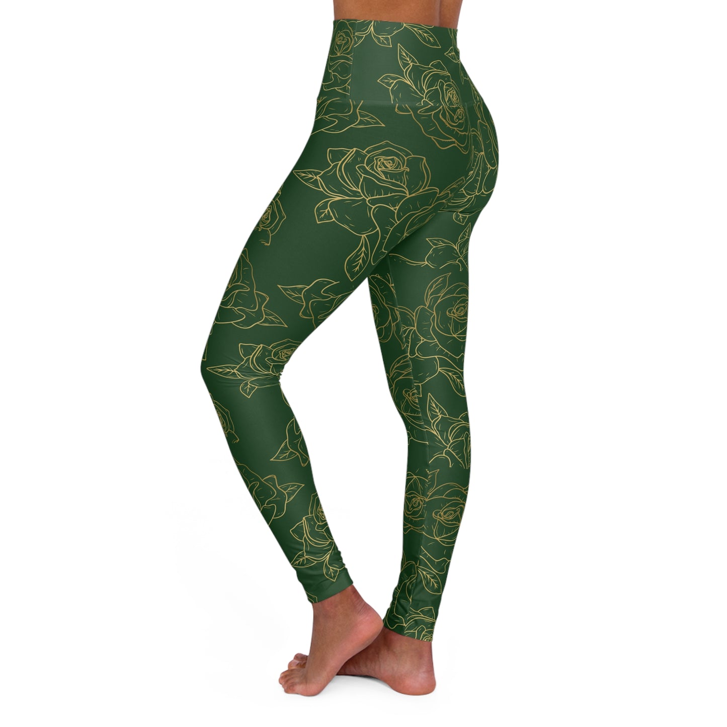 Green Floral High-Waist Yoga Leggings — Gold Rose Pattern AOP©