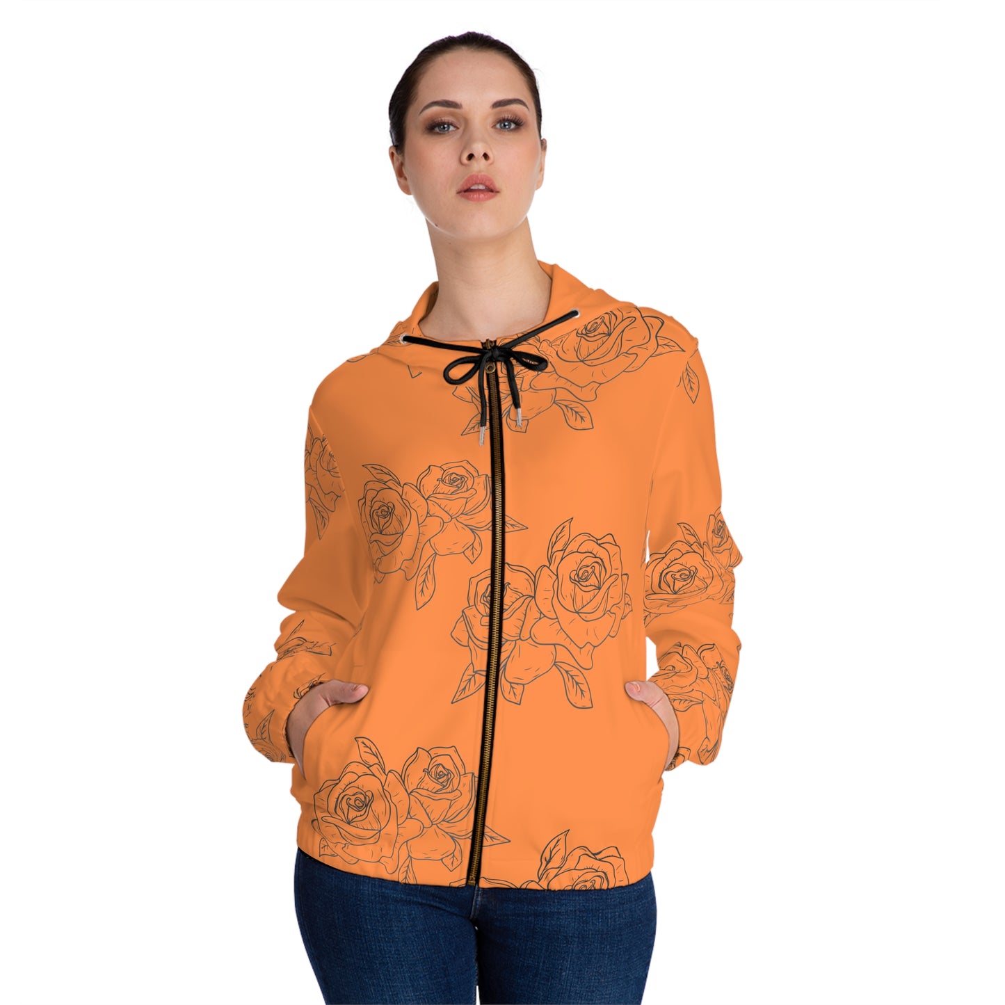 Orange Rose Sketch Zip-Up Hoodie — Floral Women's Full-Zip Jacket©