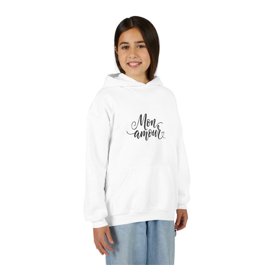 Youth Hoodie — 'Mon Amour' Script Front Rose Pattern ©