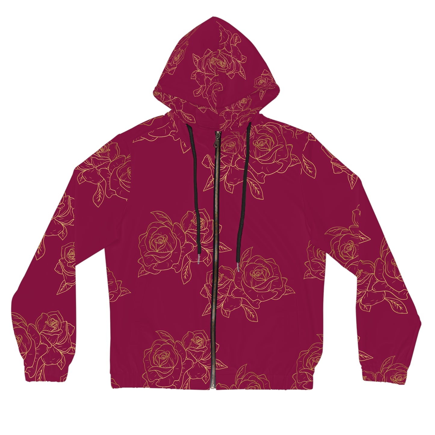 Women’s Rose Zip Hoodie – Burgundy Floral All-Over Print©