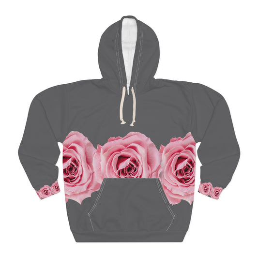 Pink Rose Border Hoodie — Floral All-Over Print Pullover©