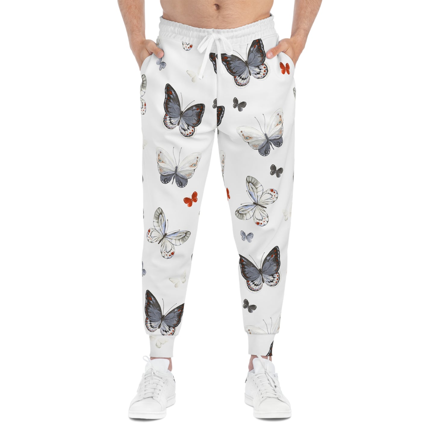Butterfly Print Joggers — White All-Over-Print Athletic Sweatpants©