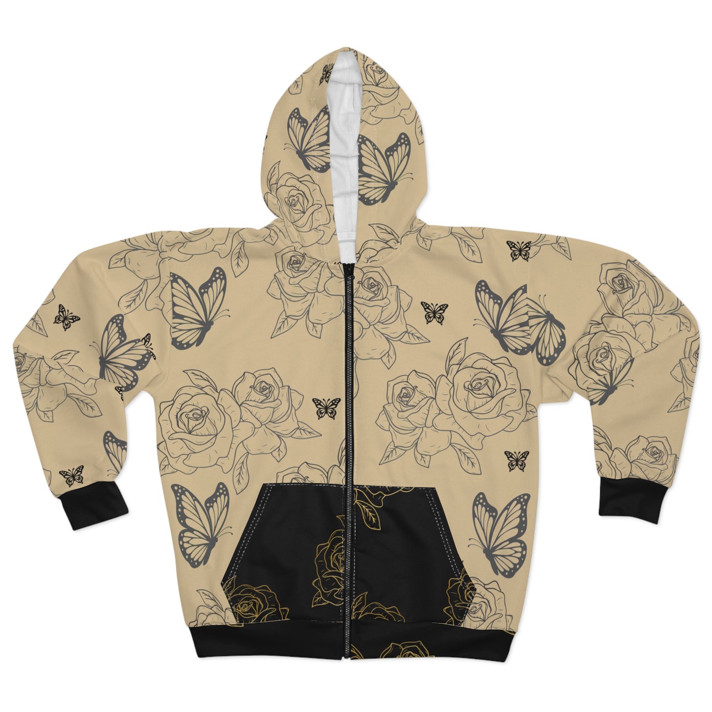 Butterfly Rose Zip Hoodie — Beige Floral All-Over Print©