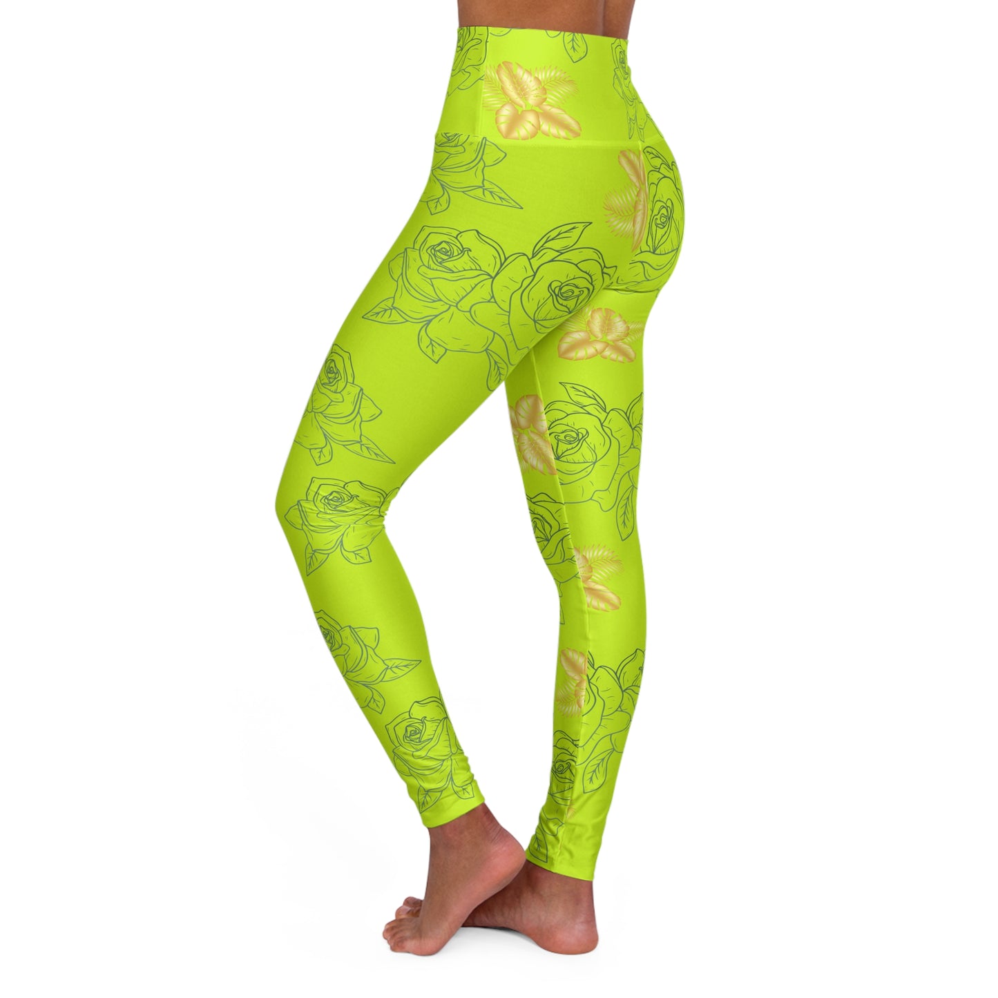 Neon Green Rose High-Waist Yoga Leggings — Floral All-Over Print©