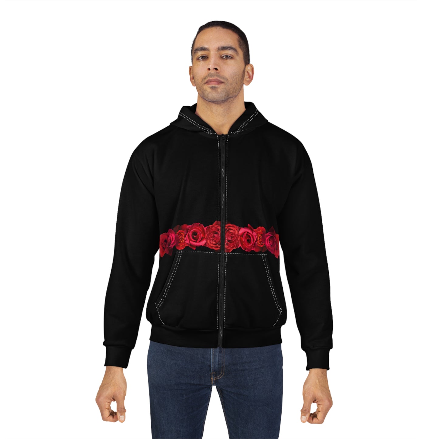 Black Zip Hoodie with Red Rose Band — Floral Zip-Up Hoodie