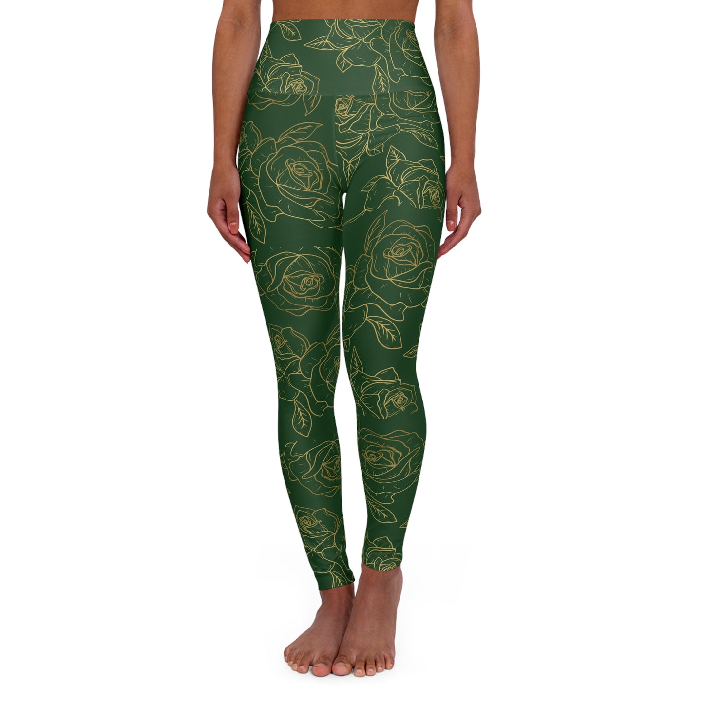 Green Floral High-Waist Yoga Leggings — Gold Rose Pattern AOP©