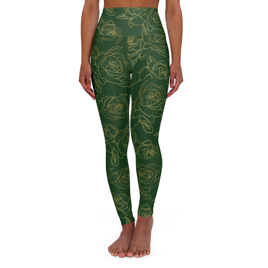 Green Floral High-Waist Yoga Leggings — Gold Rose Pattern AOP©