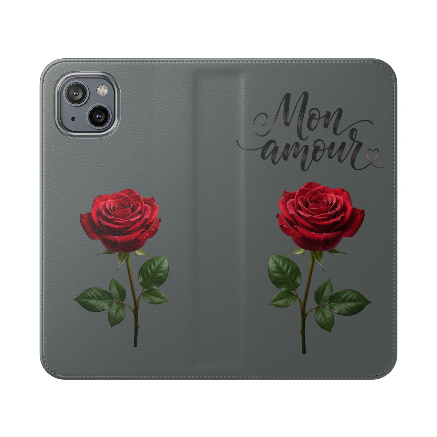 Mon Amour Rose Flip Phone Case — Floral Wallet Flip Case with 'Mon amour' Script