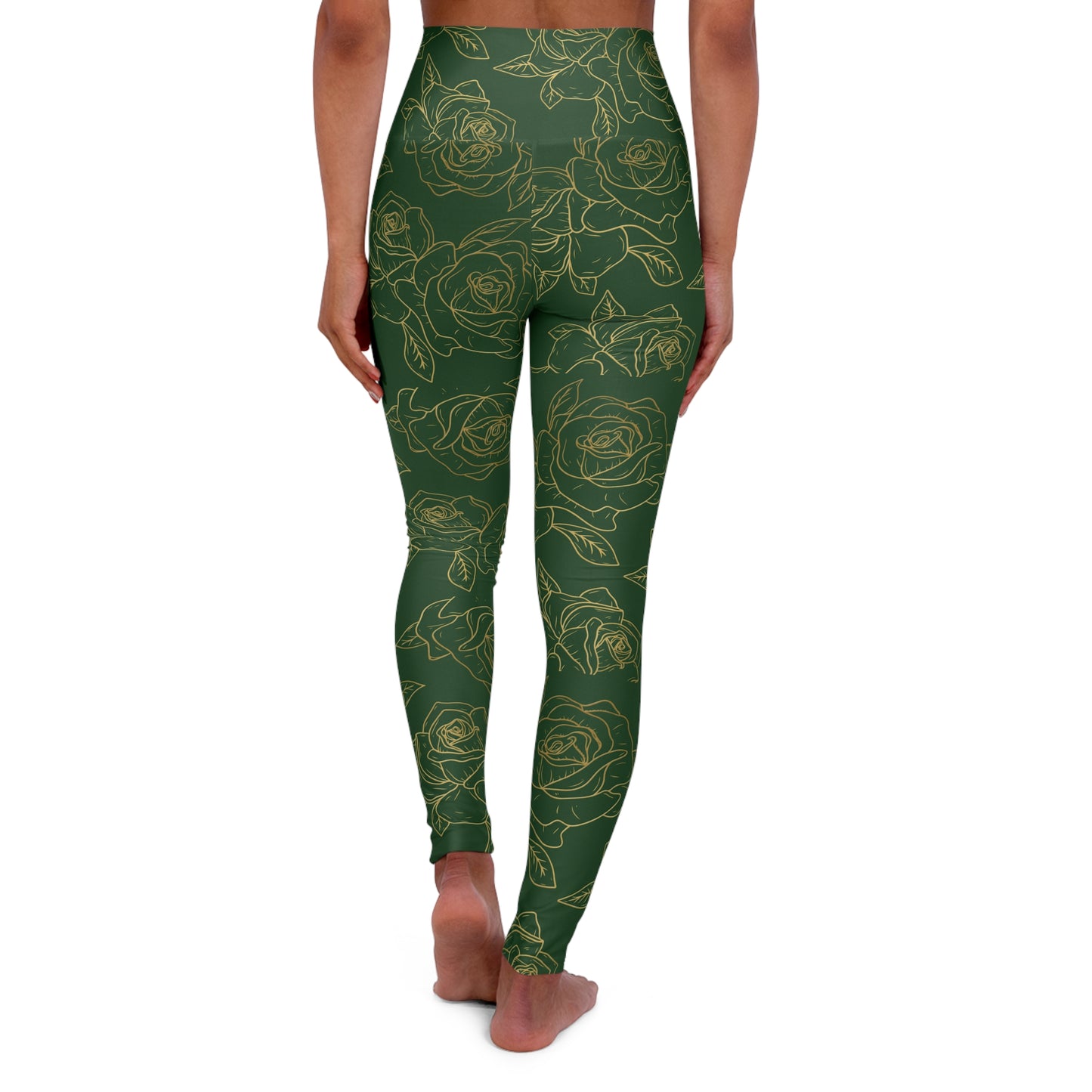 Green Floral High-Waist Yoga Leggings — Gold Rose Pattern AOP©