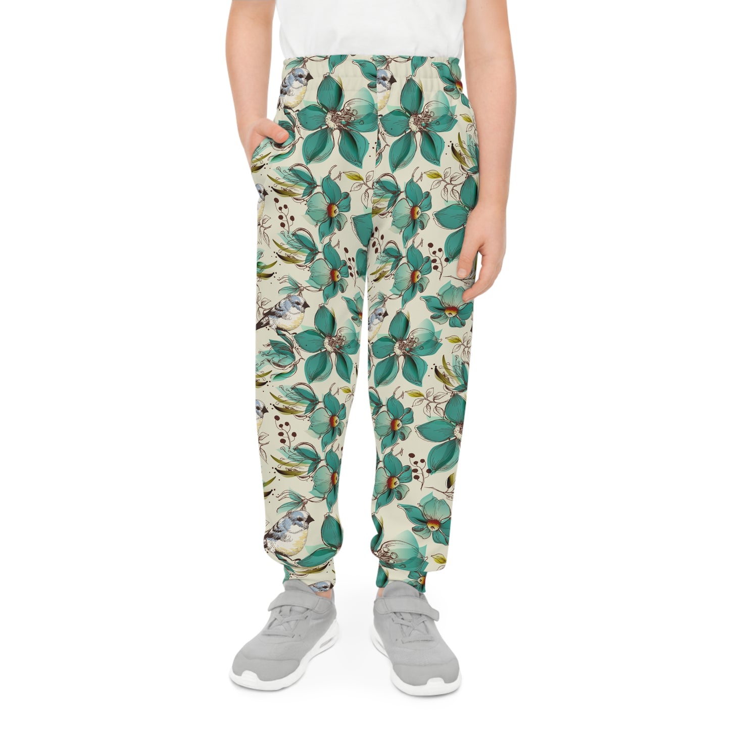Youth Floral Joggers — Teal Botanical All-Over Print