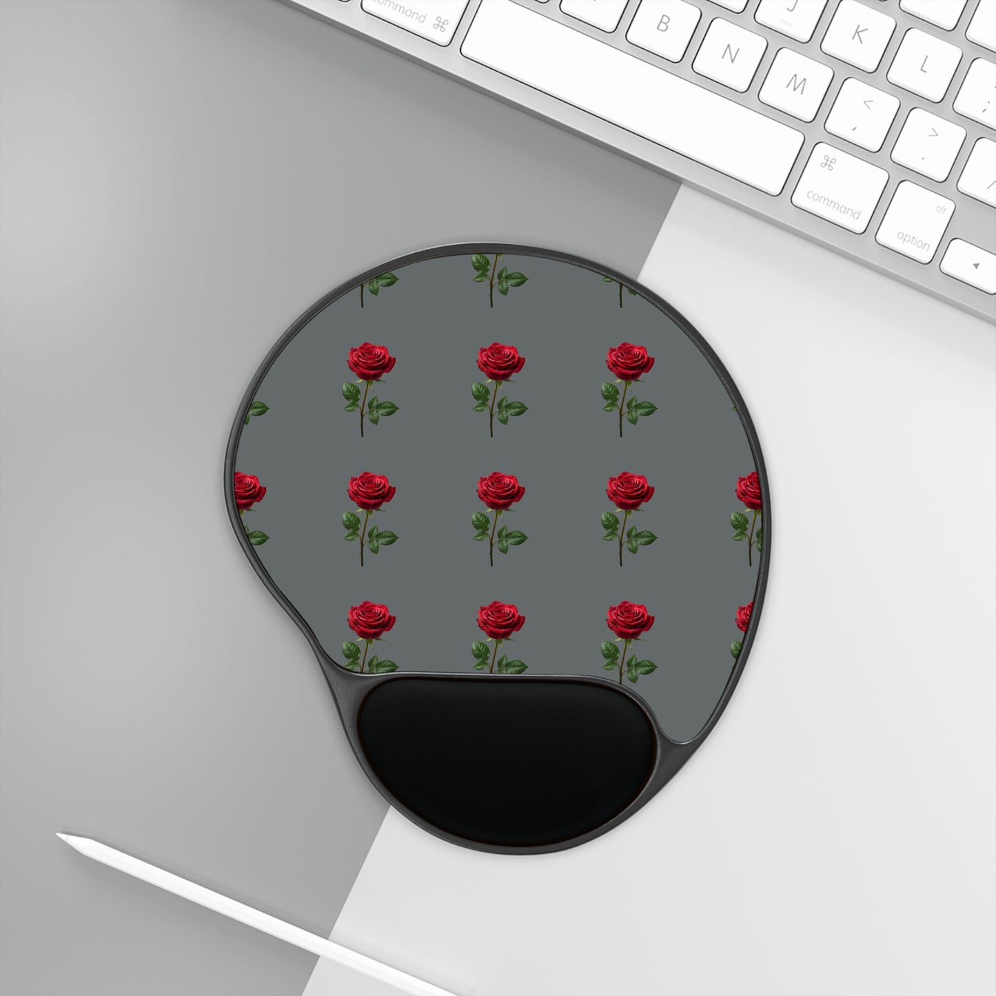 Rose Pattern Ergonomic Mouse Pad with Wrist Rest — Floral Gray Desk Accessory