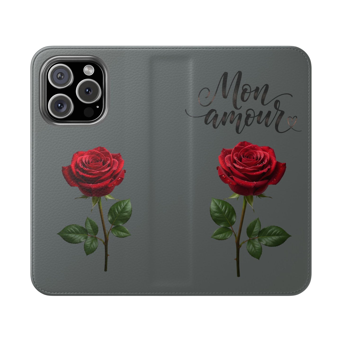 Mon Amour Rose Flip Phone Case — Floral Wallet Flip Case with 'Mon amour' Script