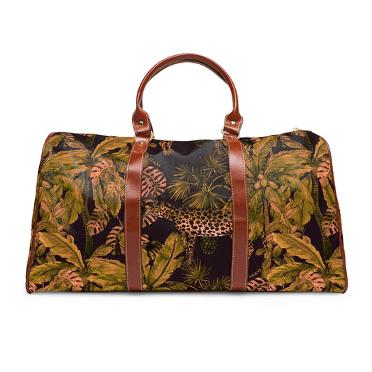 Tropical Leopard Waterproof Travel Bag — Jungle Print Duffle with Leather Handles©