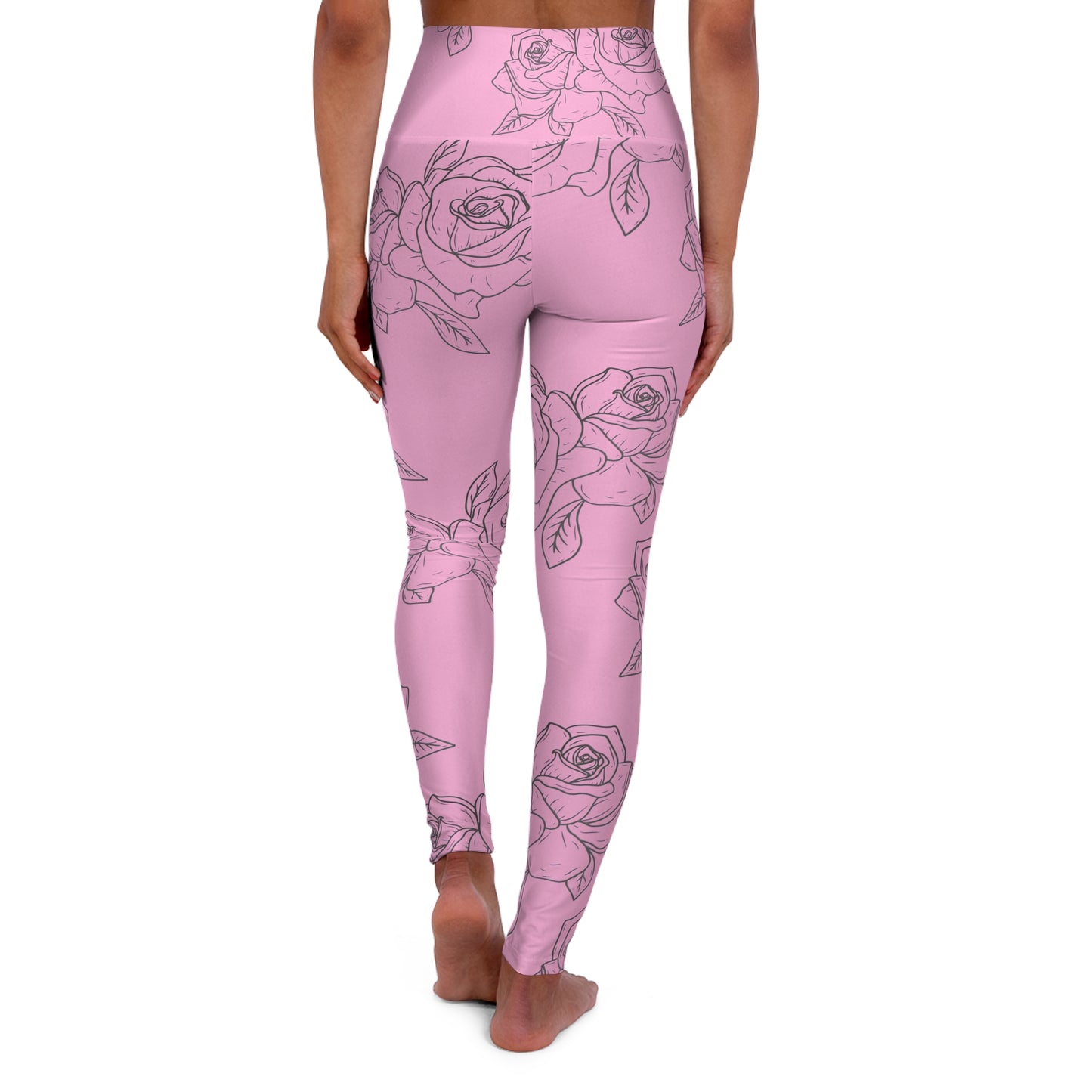 High-Waisted Pink Rose Yoga Leggings — Floral All-Over Print©