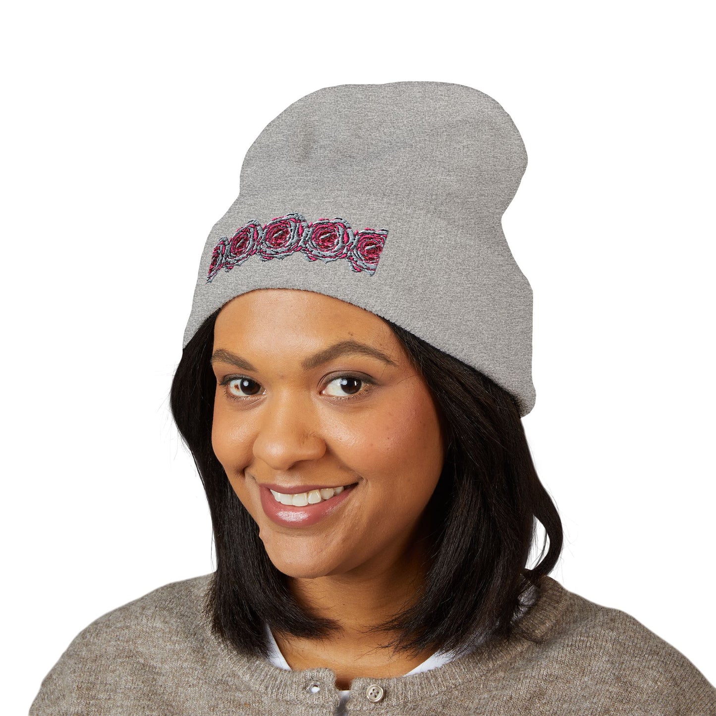 Embroidered Pink Rose Row Cuffed Beanie — Classic Floral Knit Hat©