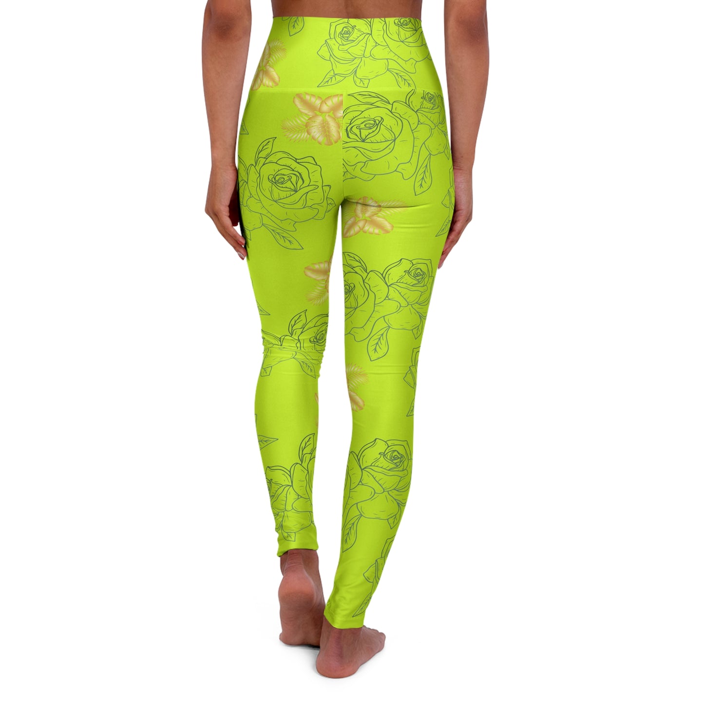 Neon Green Rose High-Waist Yoga Leggings — Floral All-Over Print©