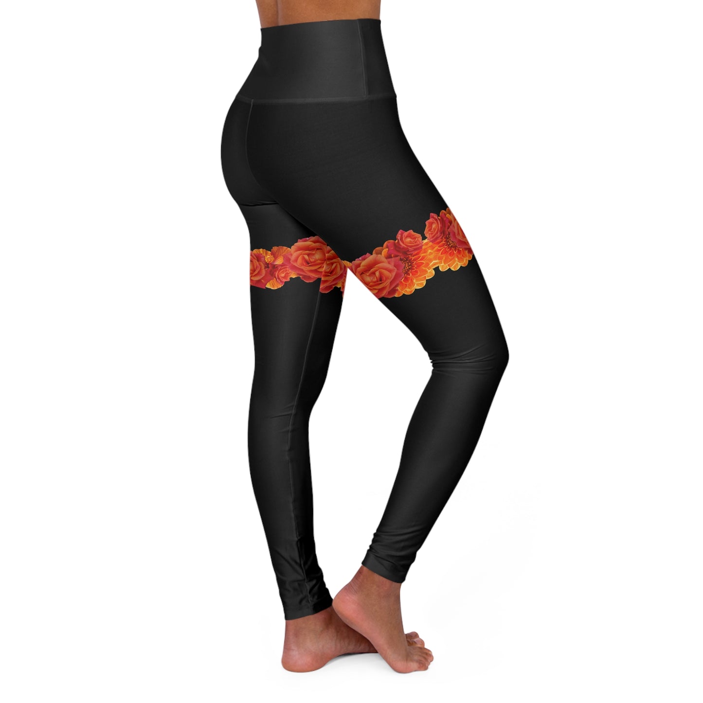 Black High-Waist Yoga Leggings with Orange Rose Thigh Band — Floral Activewear