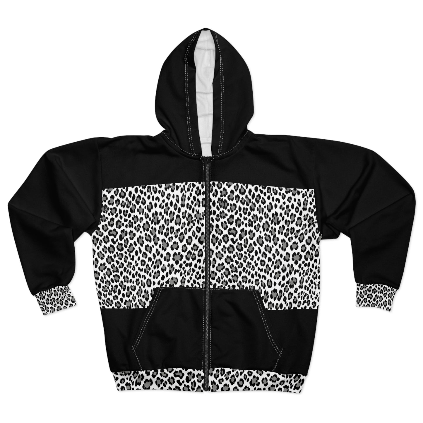 Leopard Panel Zip Hoodie — Black & White Animal Print Zip-Up©