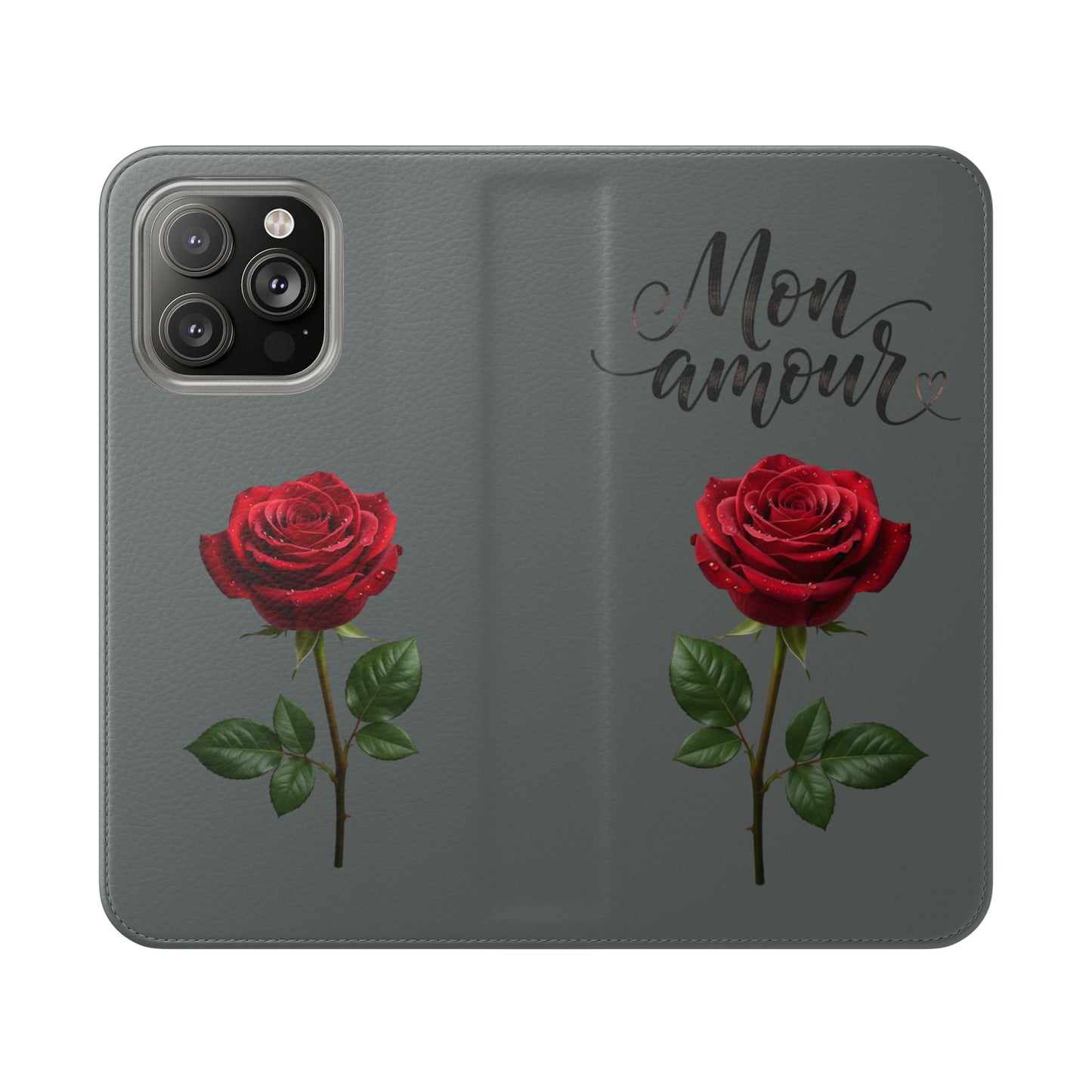 Mon Amour Rose Flip Phone Case — Floral Wallet Flip Case with 'Mon amour' Script