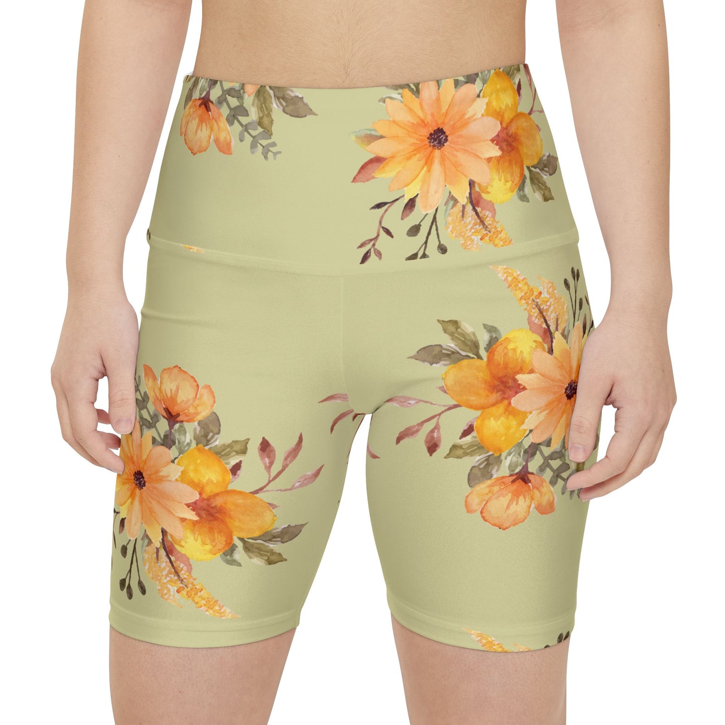 Sage Green Sunflower Workout Shorts — Women's Athletic Running & Gym Shorts©