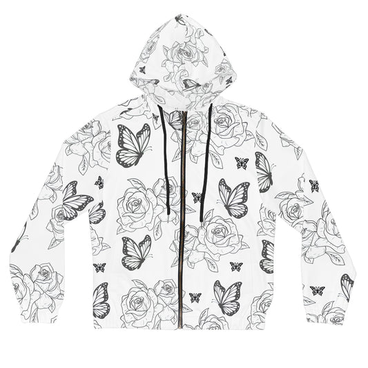 Butterfly Rose Zip-Up Hoodie — Black & White Floral All-Over Print©